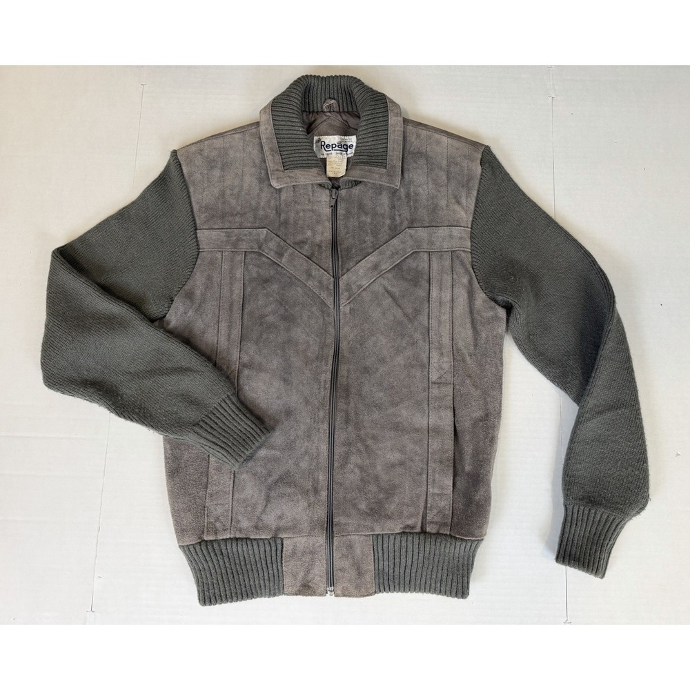 Vintage Repage Jacket Mens Medium Gray Leather Suede Knit Bomber Striped 80s